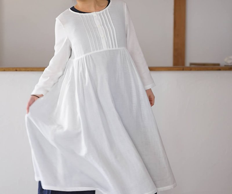 cotton dress / pin tuck / A line dress / midi dress / a81-13 - ชุดเดรส - ผ้าฝ้าย/ผ้าลินิน ขาว
