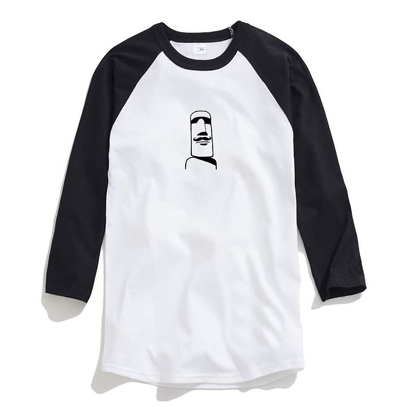 摩艾鬍子 Moai 中性版 七分袖T恤 白黑色 原創 復活節島 石像 - 男 T 恤 - 棉．麻 白色