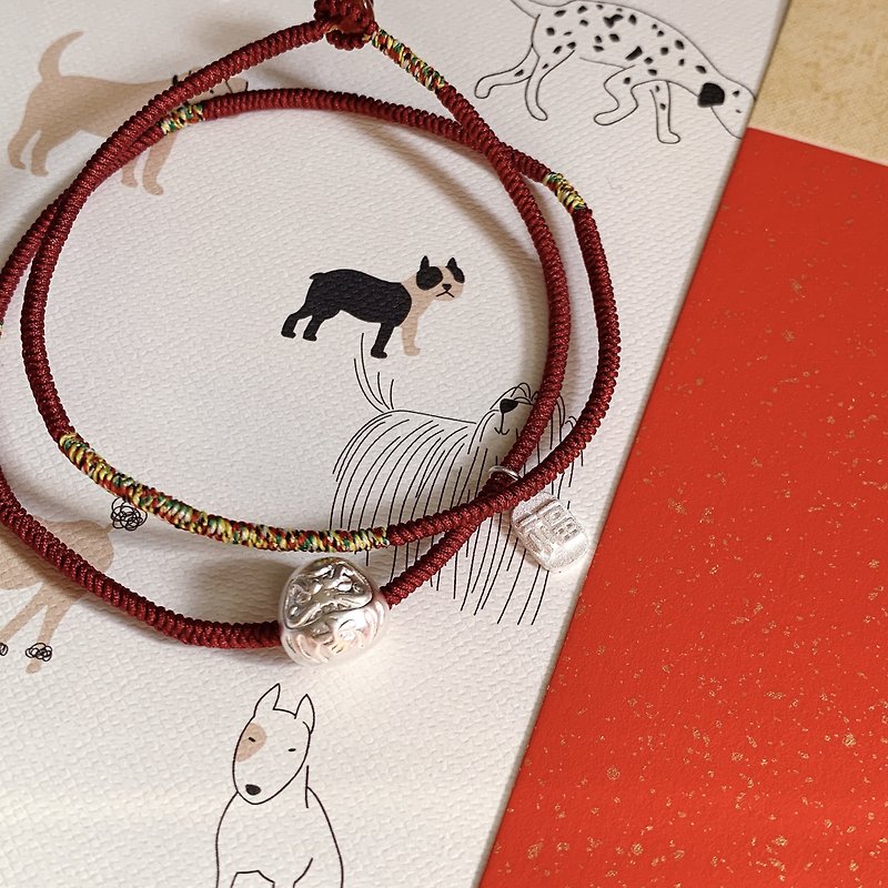 The hand-made brows are happy. Lion dance Silver braided hand rope pendant bracelet to ward off evil spirits, peace and good luck for the new year - Bracelets - Silver Red