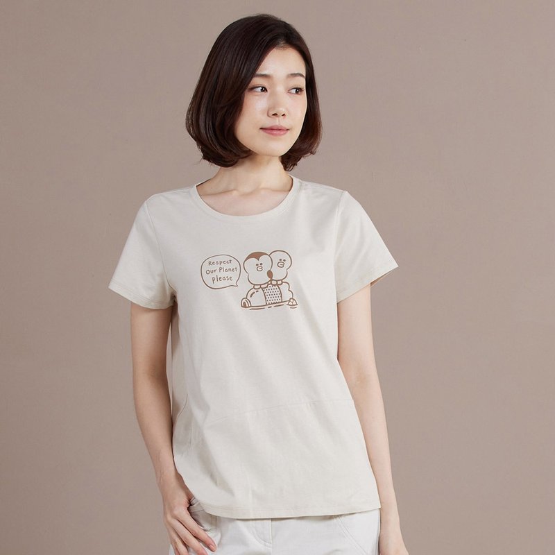LINE FRIENDS | 企鵝莎莉網印短袖上衣-奶霜杏 - 女 T 恤 - 棉．麻 卡其色