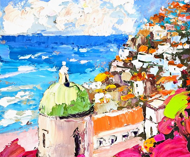 ポジターノ絵画アマルフィ海岸オリジナルアートイタリア厚塗り油絵海景