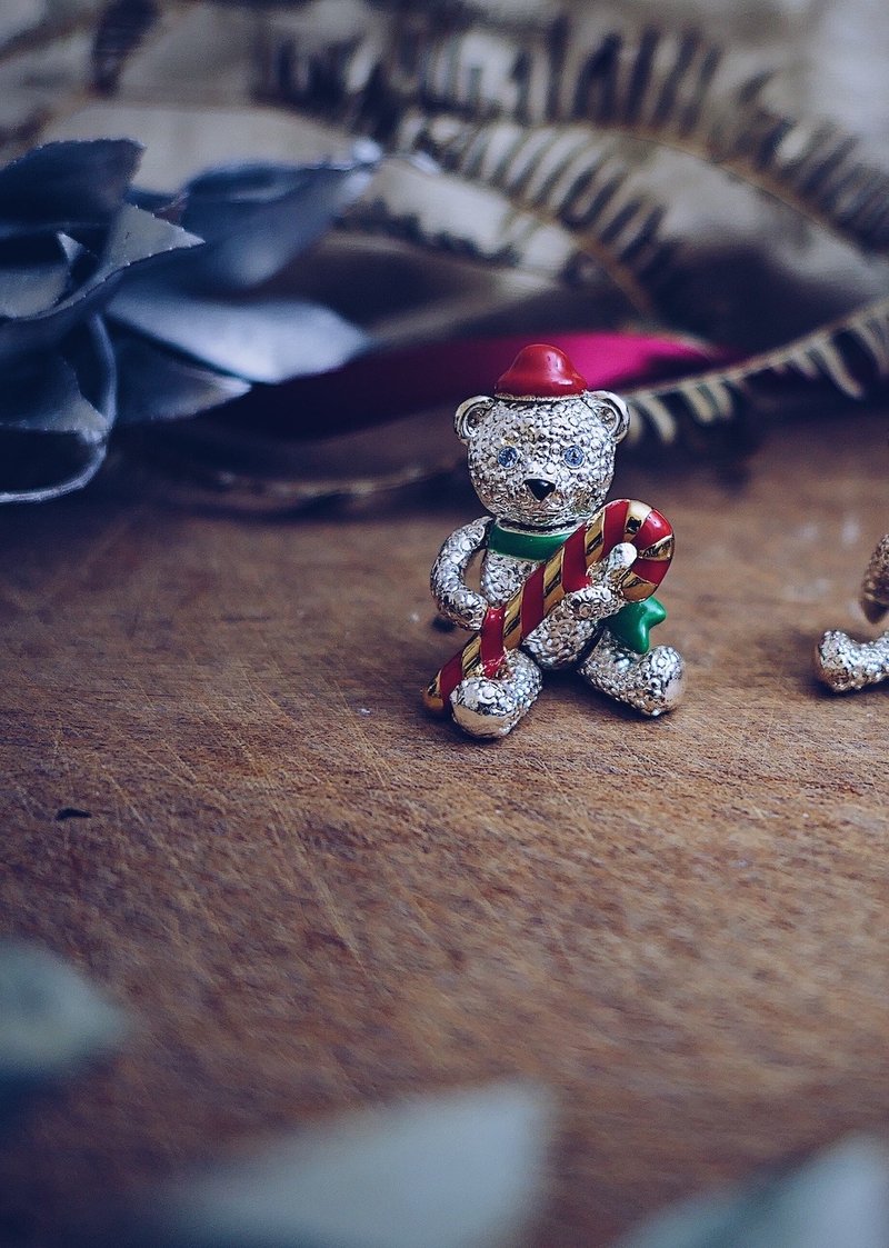 Napier 關節可動聖誕熊胸針 拐杖糖小熊-美國古董首飾 Vintage - 心口針/胸針 - 琺瑯 