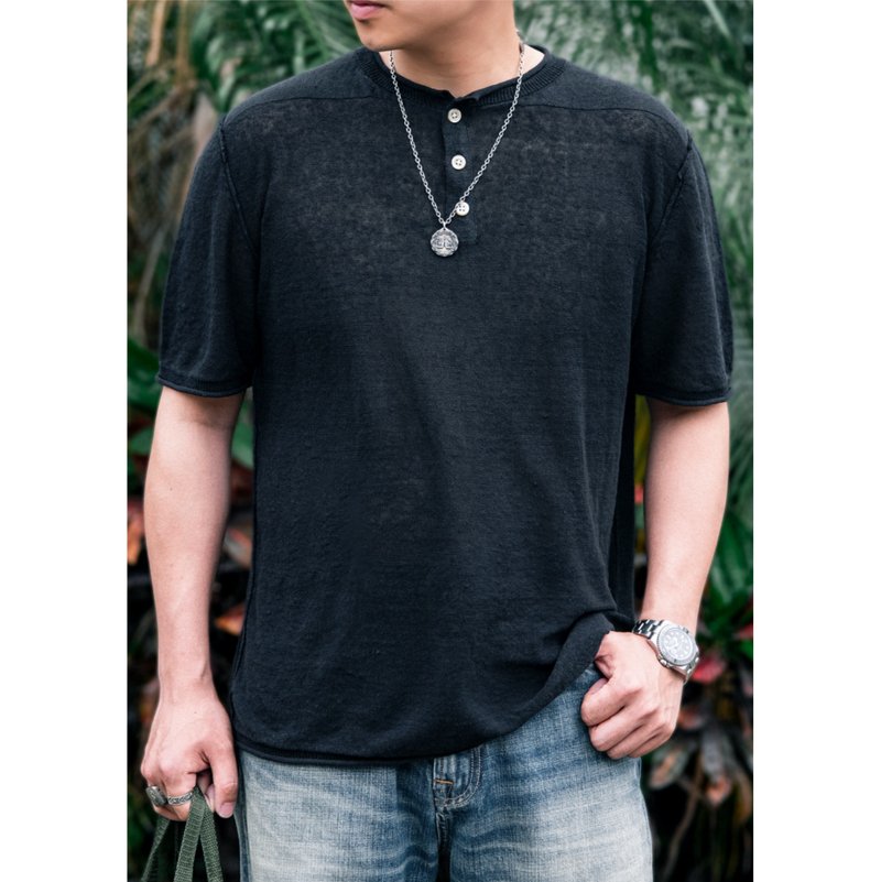 亞麻亨利領短袖上衣 黑色 純亞麻 傳統毛織機 舒適 百搭 t-shirt - 男 T 恤 - 棉．麻 黑色