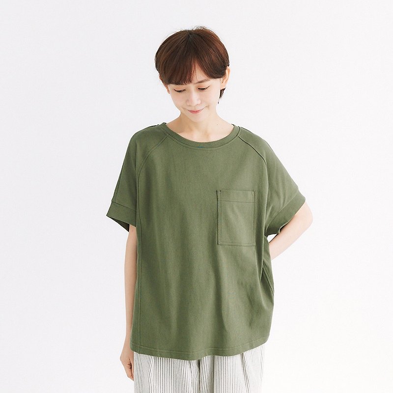 【Simply Yours】Heavy Pocket Short Sleeve T Green F - Women's T-Shirts - Cotton & Hemp Green