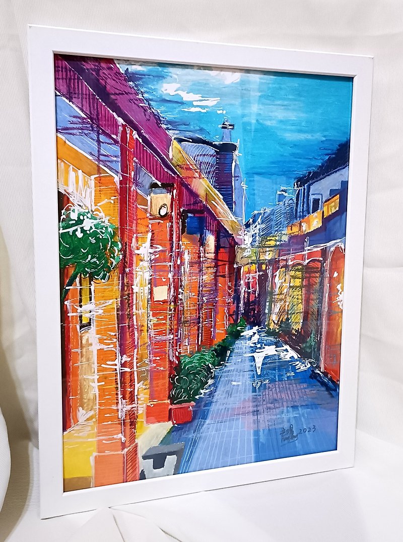 三峡老街の美しさ - オリジナルのオイルパステル画 | カラフルな街並み/家の装飾画 - ポスター・絵 - 紙 ブルー
