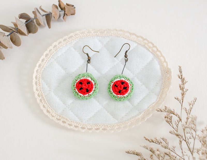 Earrings crochet fruit | The Watermelon - ต่างหู - ผ้าฝ้าย/ผ้าลินิน สีแดง