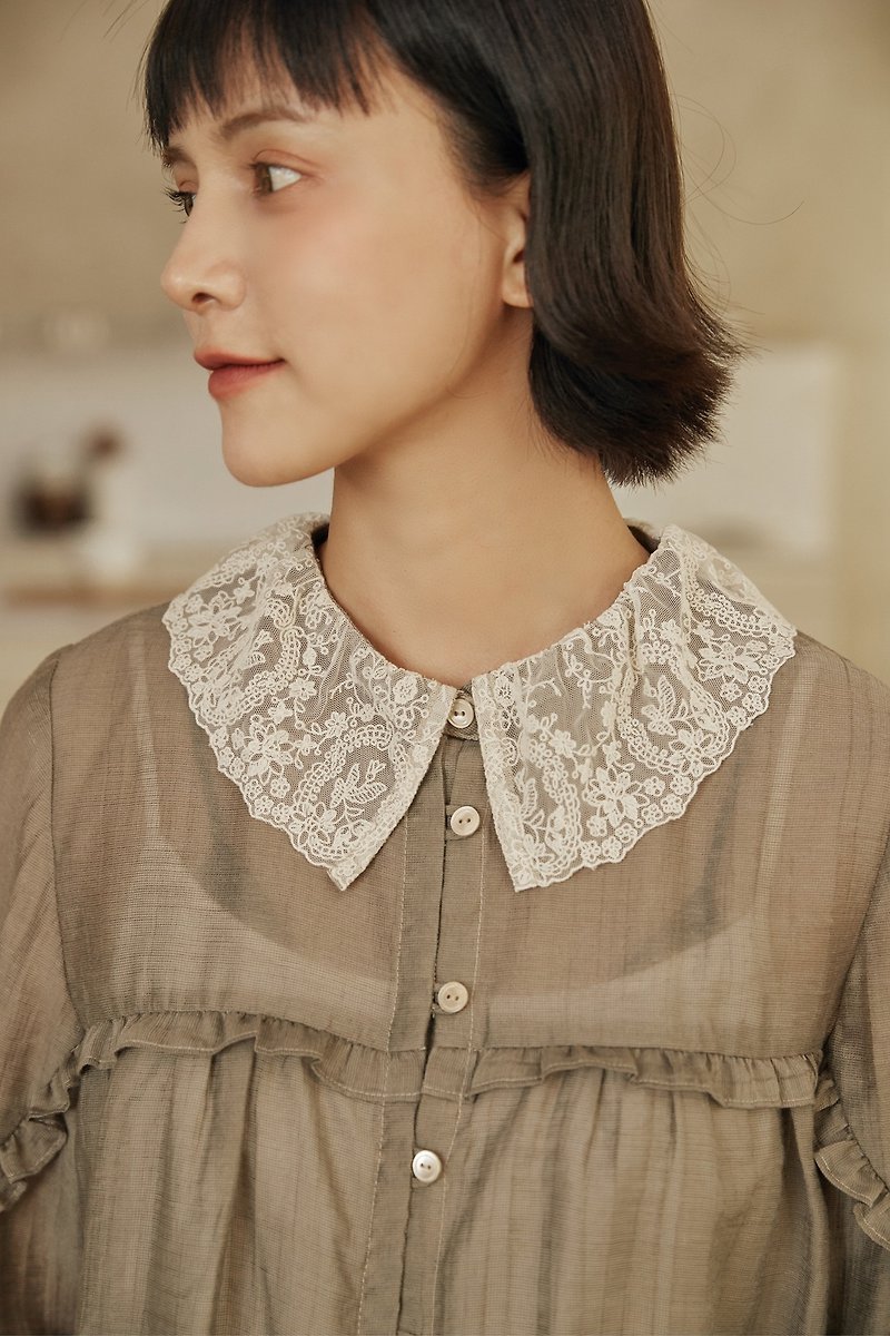 Lace lapel small lotus leaf tencel top shirt with delicate texture - Women's Shirts - Other Materials 