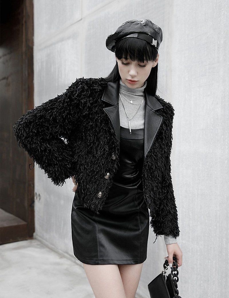城市薩滿西裝領絨毛外套 / 寬鬆版型 / *限量優惠* - 女西裝外套 - 其他材質 黑色