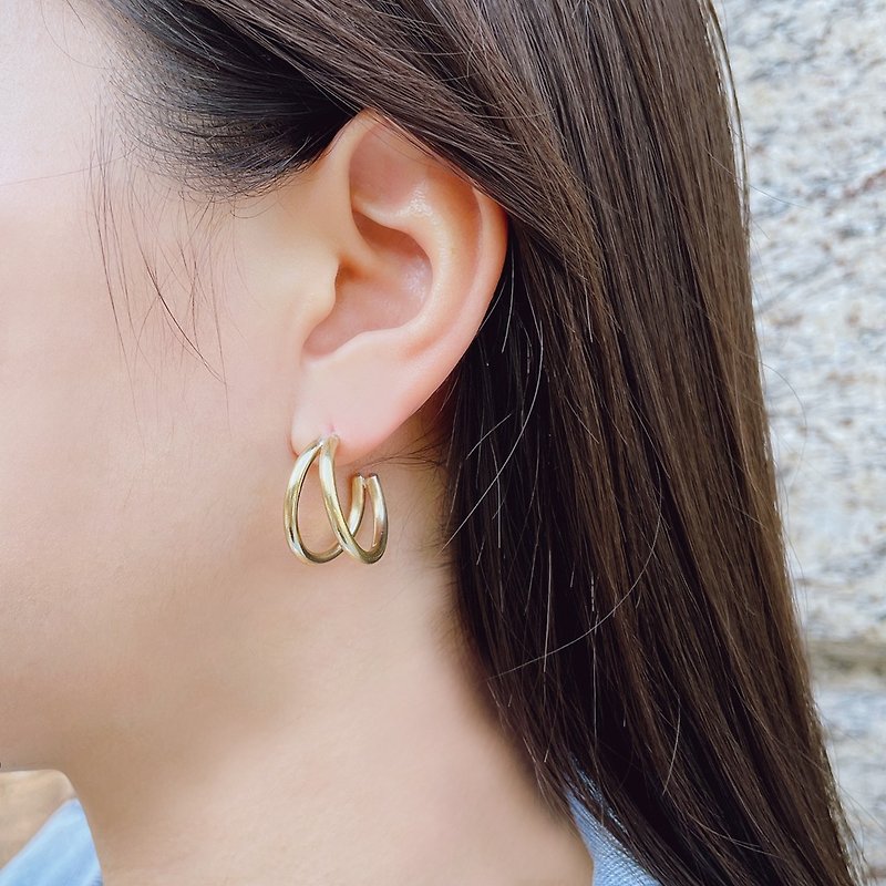 [Time Lapse Sunset] Bronze Double Hoop Earrings Simple - ต่างหู - ทองแดงทองเหลือง สีทอง