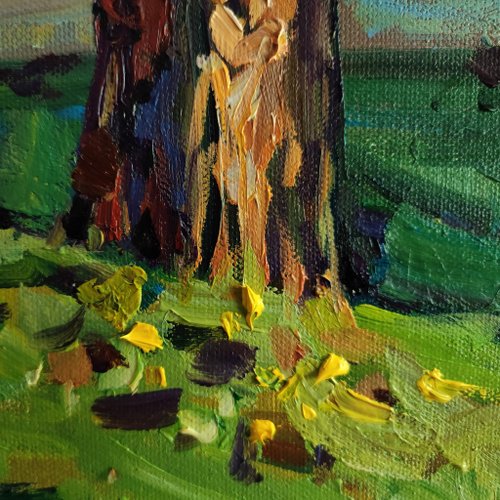 オリジナルの油絵の大木の風景。夏の風景、湖、スカンジナビアアート