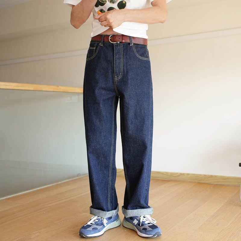 Sea Island Cotton Denim Classic Five-Pocket Straight Loose High-Waist Jeans - กางเกงขายาว - ผ้าฝ้าย/ผ้าลินิน สีน้ำเงิน