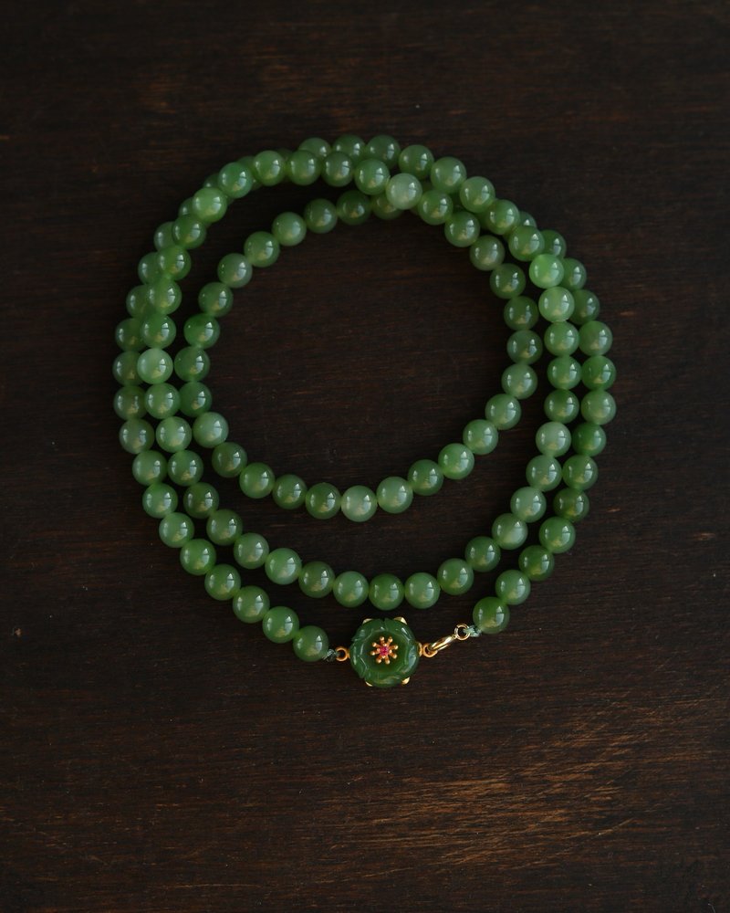 6mm天然和田玉 /和闐玉原礦 碧玉. 碧玉小花苞設計多圈手串項鍊 - 手鍊/手鐲 - 玉石 綠色