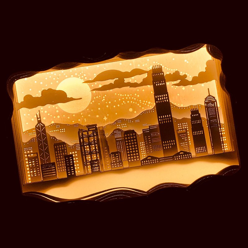 迷你紙雕小夜燈 維港夜景 城市系列 香港 客製化人像 剪影 - 燈具/燈飾 - 紙 橘色