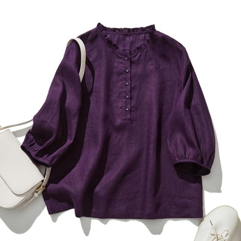 A Linen blouse with a casual, mature cuteness. Frill neck, 100% Linen, deep purple, 240323-6 - Women's Tops - Cotton & Hemp 