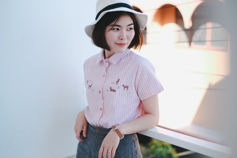 Deer Shirt 鹿 : Pink 粉 - 女上衣/長袖上衣 - 繡線 粉紅色