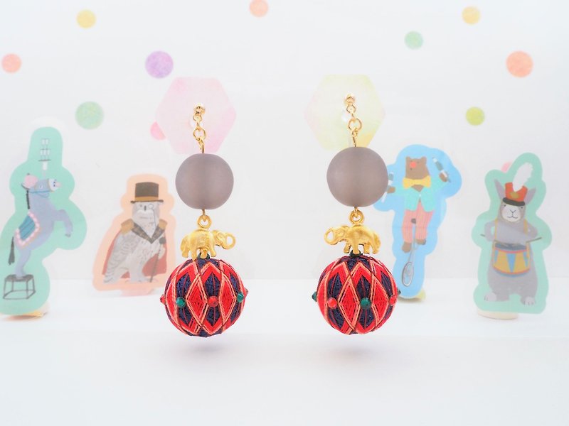 Circus tachibanaya circus group earrings Elephant riding on a ball Japanese TEMARI Red Japanese Traditional Crafts Temari Ball Embroidery Earrings - Earrings & Clip-ons - Thread Red