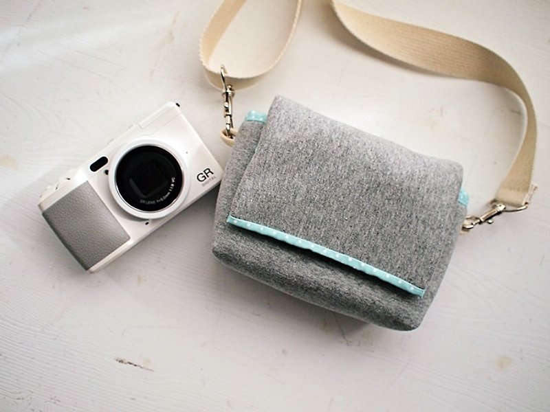Plain Simple Zipper Side Back Camera Bag-Dark Gray + 7 Aqua Dots (Single Eye/Single Eye/Polaroid) - Camera Bags & Camera Cases - Cotton & Hemp Gray