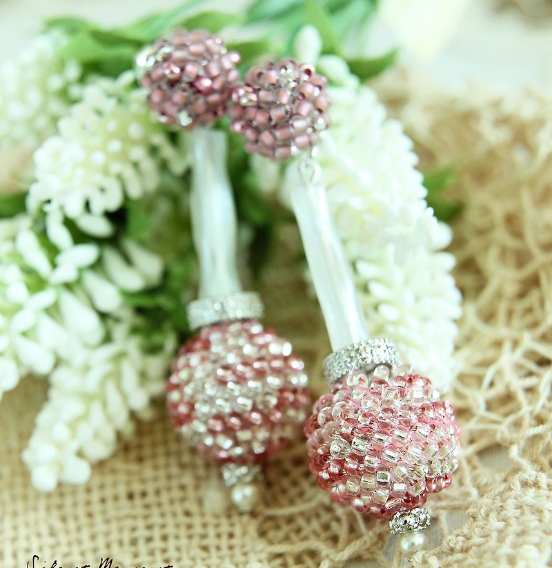 Glass ball dangling ear hook pleasing pink nostalgic magnificent Japanese accessories sterling silver ear - ต่างหู - กระจกลาย สึชมพู