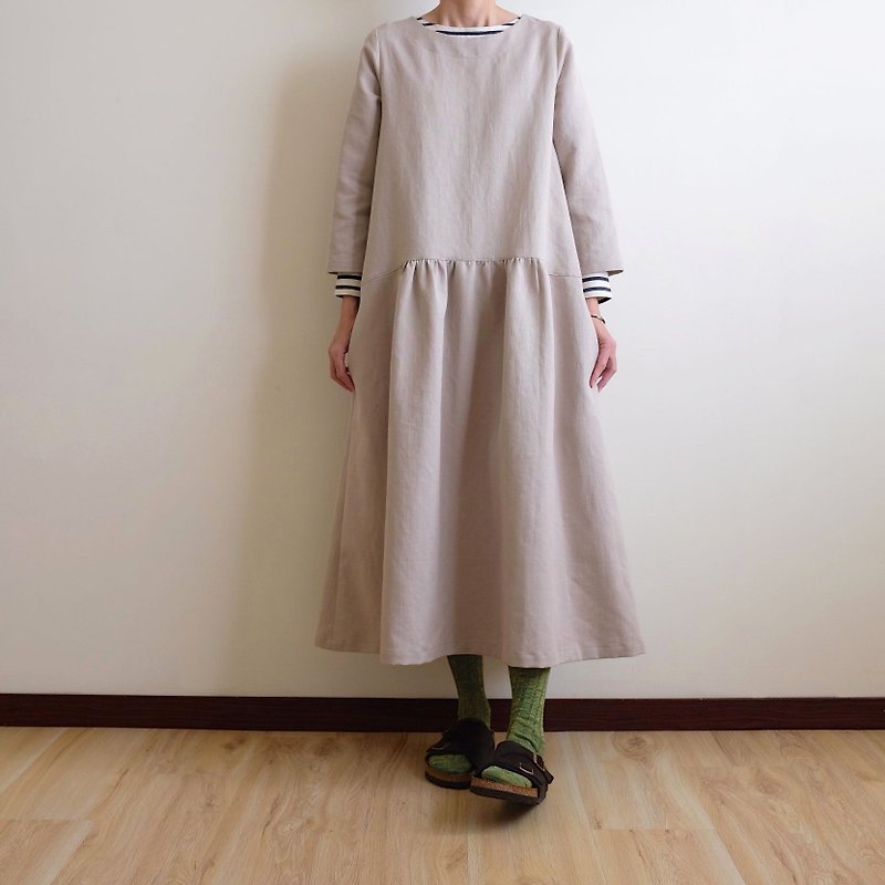 Daily hand-made suit forest girl beige gray nine-sleeve long dress linen - One Piece Dresses - Cotton & Hemp Khaki