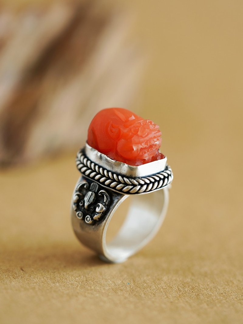 Gold Swallowing Beast Pixiu Frosted Southern Red Silver Engraved Ring - General Rings - Sterling Silver 