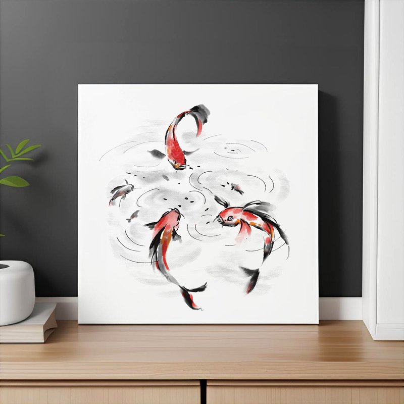 Sumie painting Printing wall decor Feeding koi carp wall art Modern Minimalism - ตกแต่งผนัง - กระดาษ ขาว