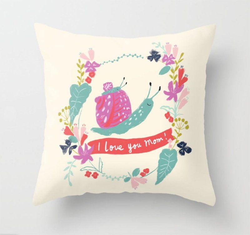 Mother's Day Gift I love you mom! Small Snail and Mommy Flower Hold Pillowcase - No Pillow - Cream - หมอน - เส้นใยสังเคราะห์ สีเหลือง