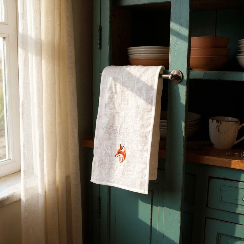 狐狸刺繡亞麻茶巾 客製手工製作，餐巾組 秋季禮物 送姐妹 - 枱布/餐墊 - 亞麻 白色