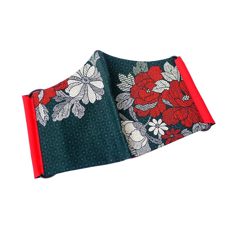 [Inseparable cloth] Three-dimensional cloth mask without cutting thread in the center-dark green ancient flower × red - หน้ากาก - ผ้าฝ้าย/ผ้าลินิน สีเขียว