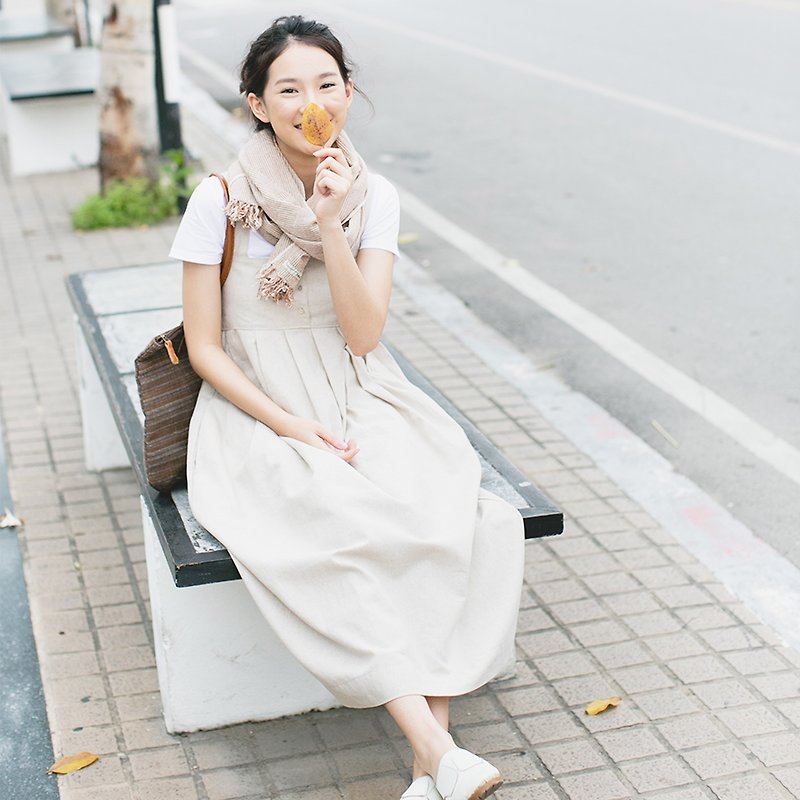 Linen-Cotton Blend Square Neck Sleeveless Dresses Natural Color - 女大衣/外套 - 棉．麻 灰色