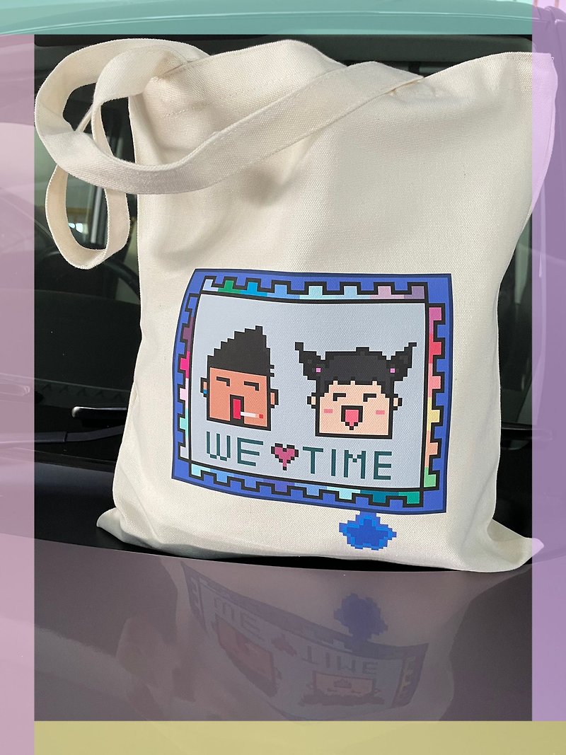 Wenqing WE TIME Beige Pixel Art Canvas Bag - Handbags & Totes - Cotton & Hemp White