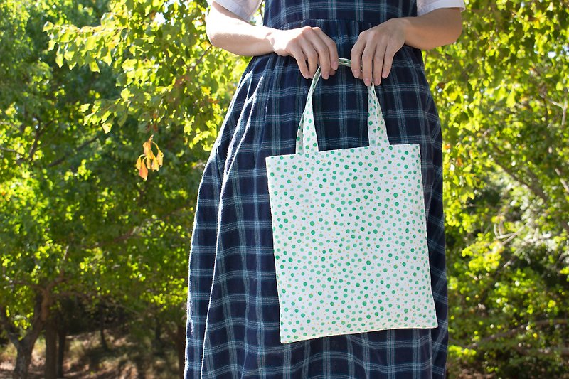 Limited edition-hand-stitched cotton bag tote bag-green dots - Handbags & Totes - Cotton & Hemp Green