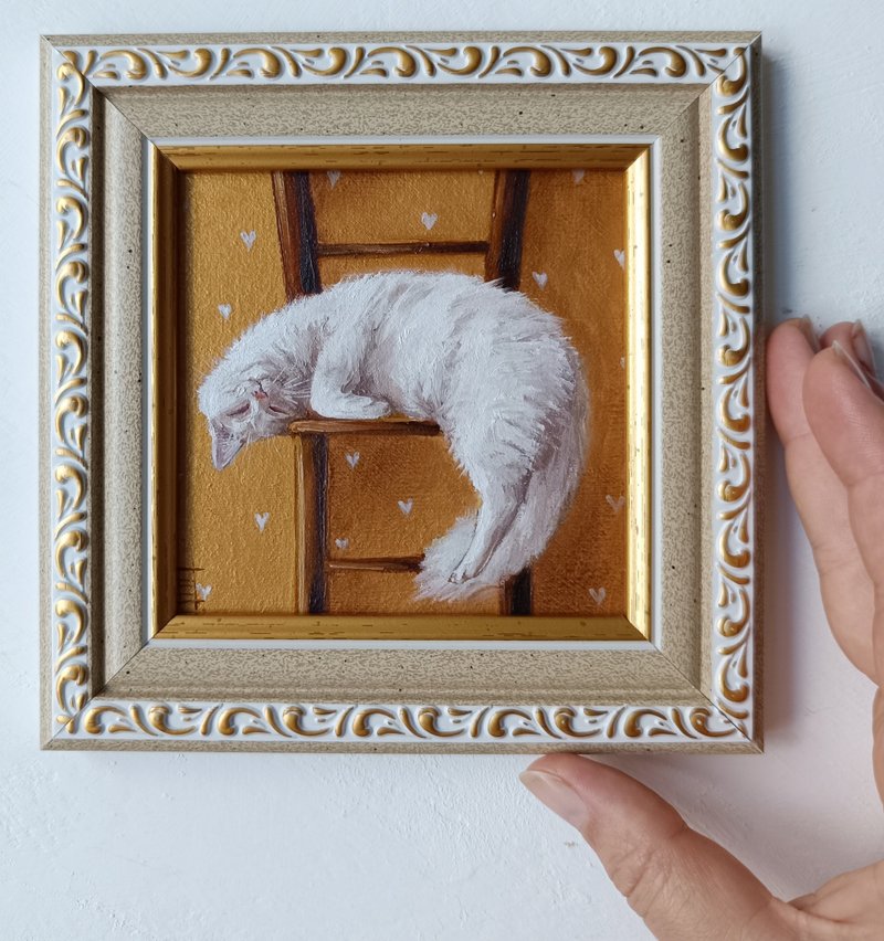 White Cat oil painting Cat Art 10*10 cm - Wall Décor - Other Metals Gold