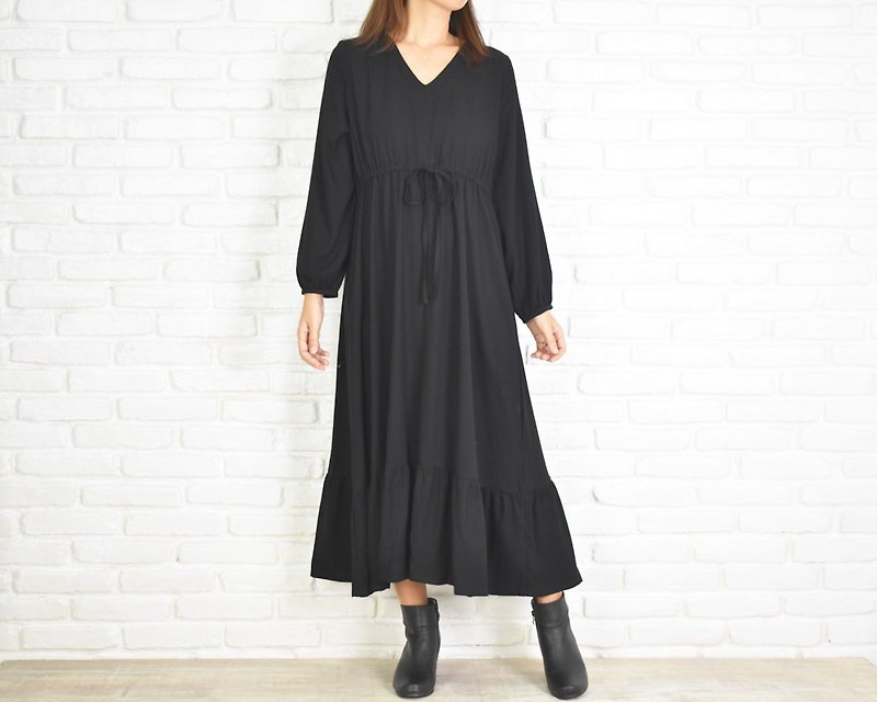Vネック長袖ワンピース　ブラック - 洋裝/連身裙 - 其他材質 黑色