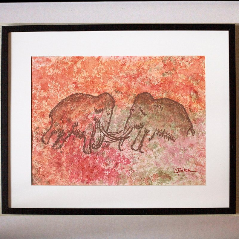 Mammoth hunting painting interior Prehistoric art Watercolor end pastel drawing - Posters - Paper Red