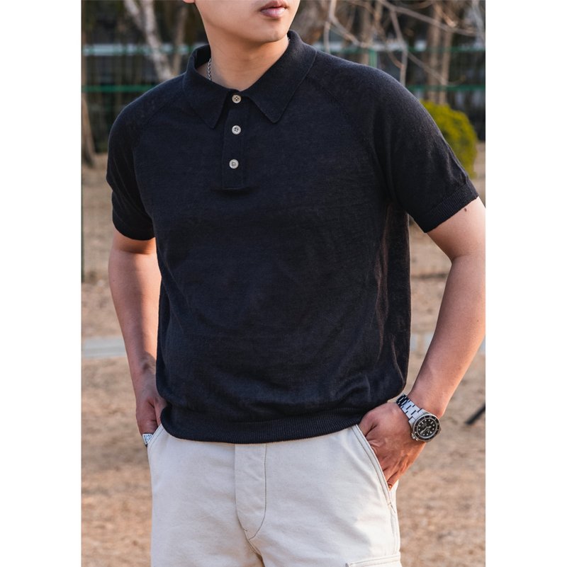 亞麻短袖polo衫 馬球衫 t-shirt 黑色 純亞麻 傳統毛織機 經典 - 男 T 恤 - 棉．麻 黑色