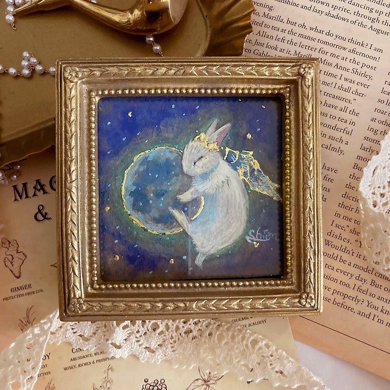 うさぎの天使さん-お月様とおやすみ  　　　　　　/　兔子   星星　星體　繪畫　仿古風格　古董　室内装饰 - 掛牆畫/海報 - 紙 藍色