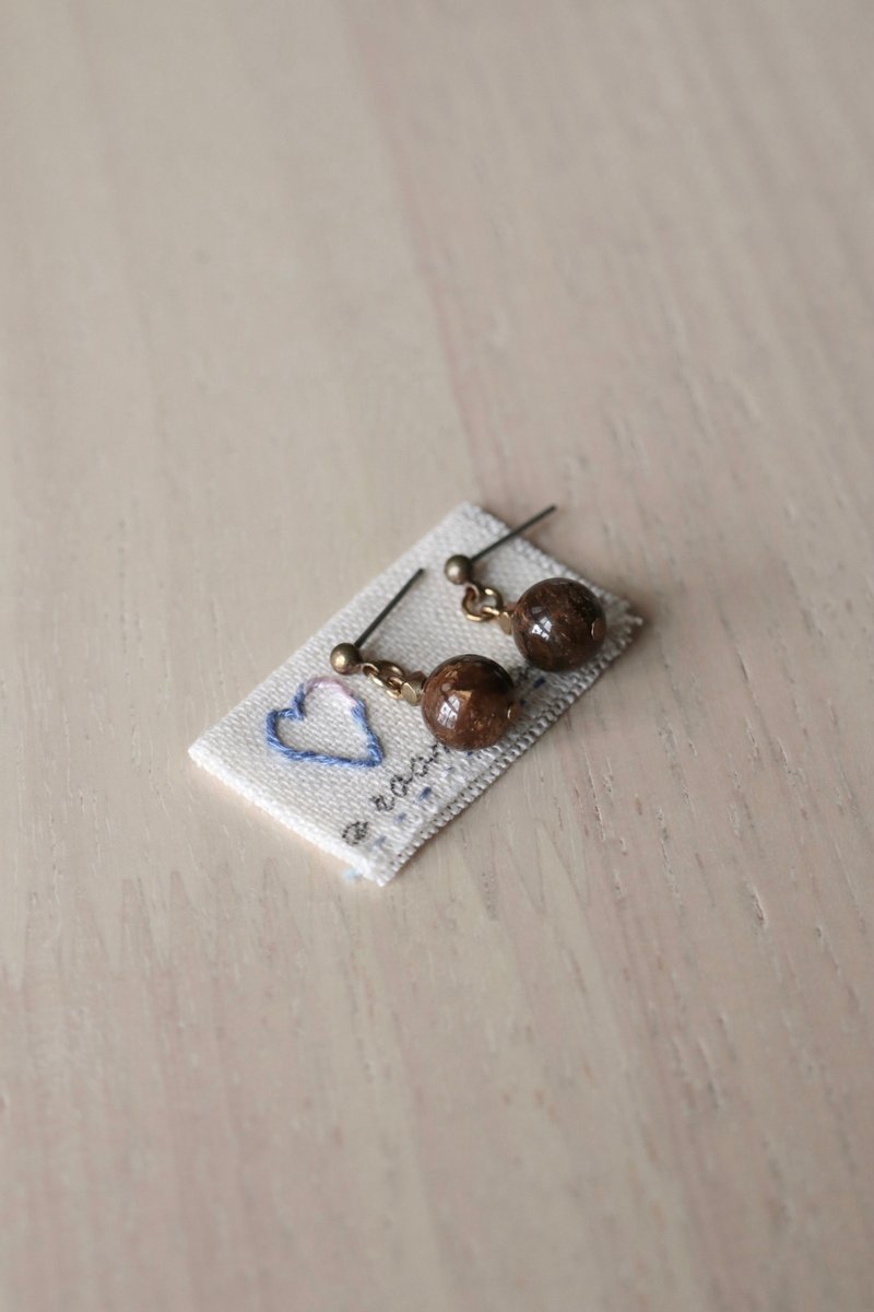 母親節禮物指南　金燐石黃銅耳環　可改耳夾　手工設計 - 耳環/耳夾/耳骨夾 - 玉石 咖啡色