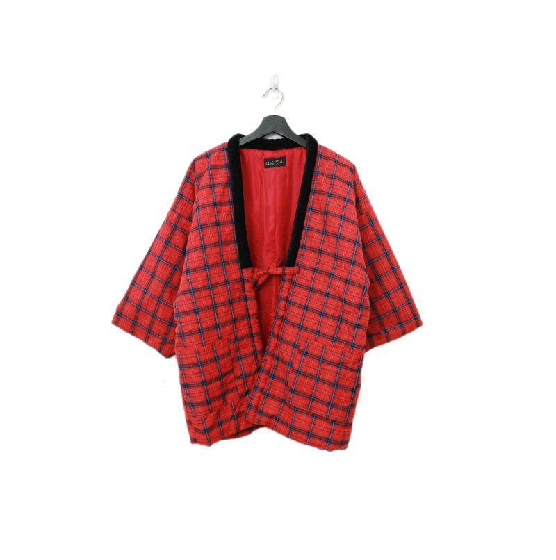 Back to Green - Japanese Haori Jacket - Vibrant Red Plaid with Blue Stripes pt-34 / Vintage - Men's Coats & Jackets - Cotton & Hemp 