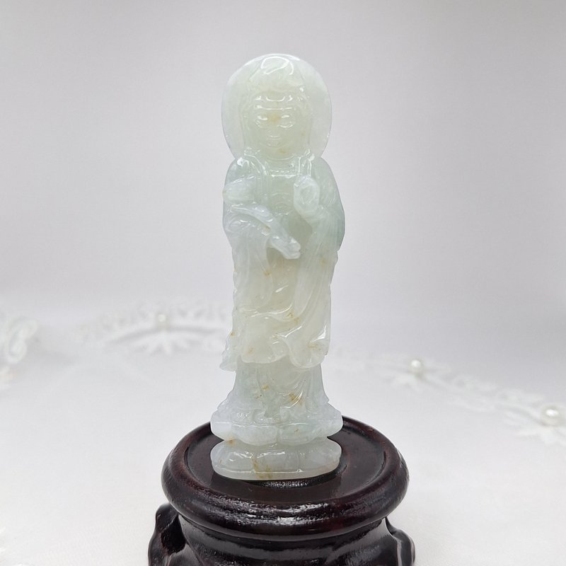 溫潤帶冰桂花糕手工雕刻大慈大悲觀世音像擺件 |天然緬甸玉A貨翡 - 擺飾/家飾品 - 玉石 
