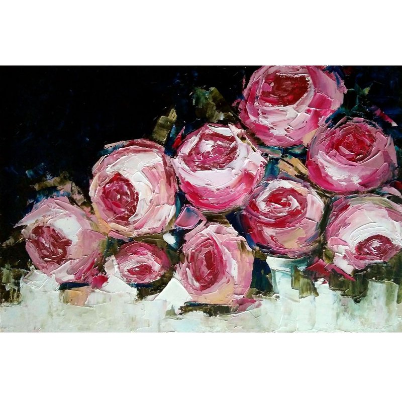 Pink Roses Original Painting, Flower Wall Art, Floral Artwork, Gift for Woman - 海報/掛畫/掛布 - 其他材質 多色