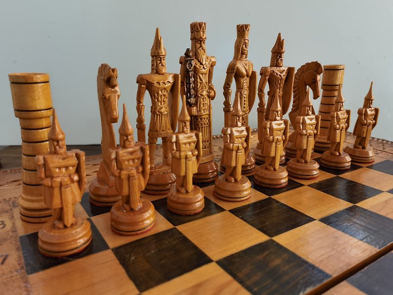 Handmade Vintage USSR Soviet Russian Wooden Chess Set Board Carving Antique Old - Board Games & Toys - Wood 