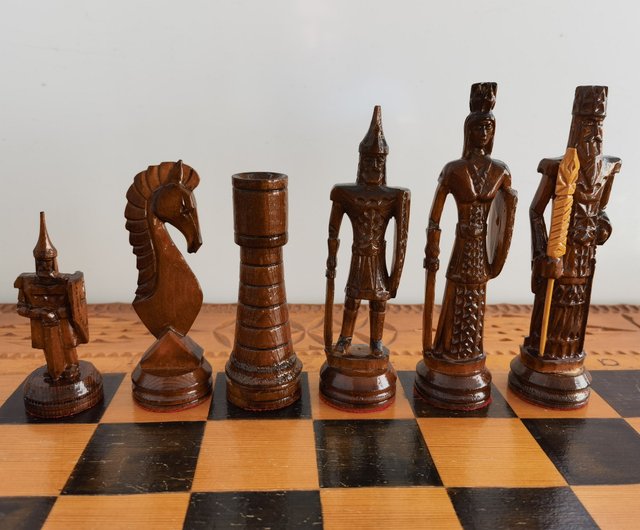 Soviet vintage wooden handmade deals chess set in ethnic style with a personal gift inscription