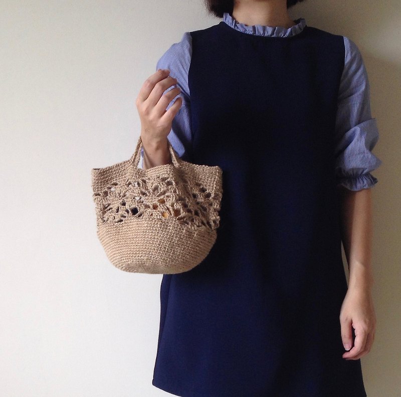 Xiao fabric - twine hand woven mesh bag - Blue Snow - Handbags & Totes - Cotton & Hemp Khaki