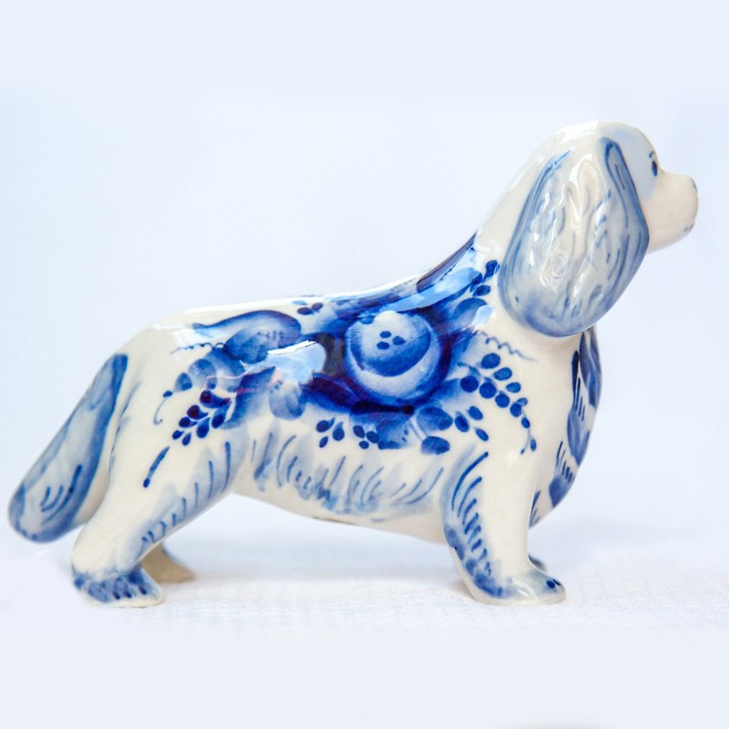 Cavalier King Charles spaniel dog porcelain statuette Gzhel blue