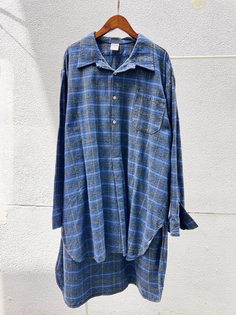 藍灰色歐洲法蘭絨格紋長版 古著上衣襯衫洋裝 dress shirt - 女襯衫 - 棉．麻 多色