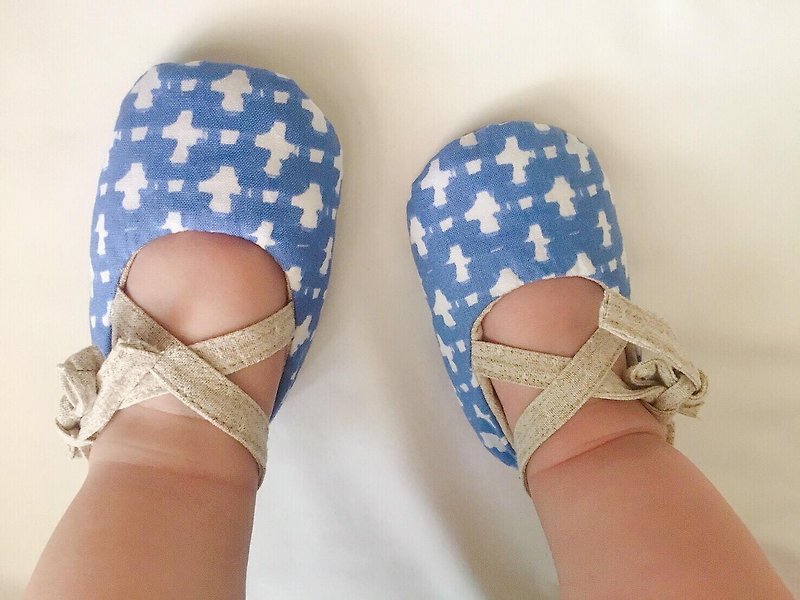 125日本藍白十字X日本先染布手工綁帶寶寶鞋嬰兒鞋學步鞋 - 嬰兒鞋/學步鞋 - 棉．麻 藍色