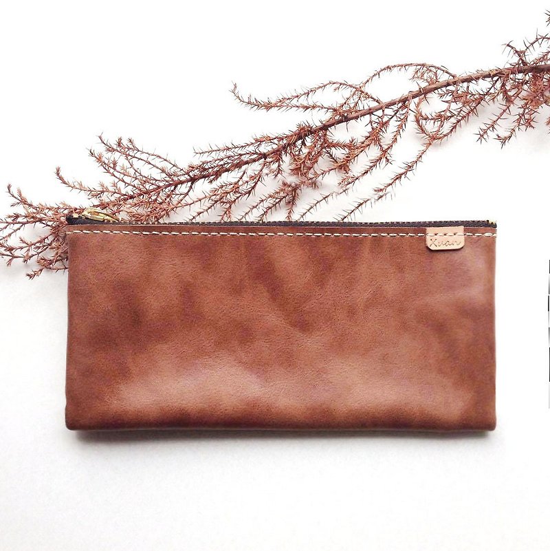 Multifunctional storage bag banknote bag cracked brown leather YKK zipper - Pencil Cases - Genuine Leather Brown