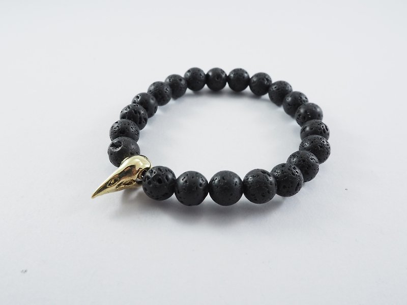 Small Crow skull bead 8 mm. Lava stone bracelet in brass ,men jewelry - สร้อยข้อมือ - โลหะ สีเงิน