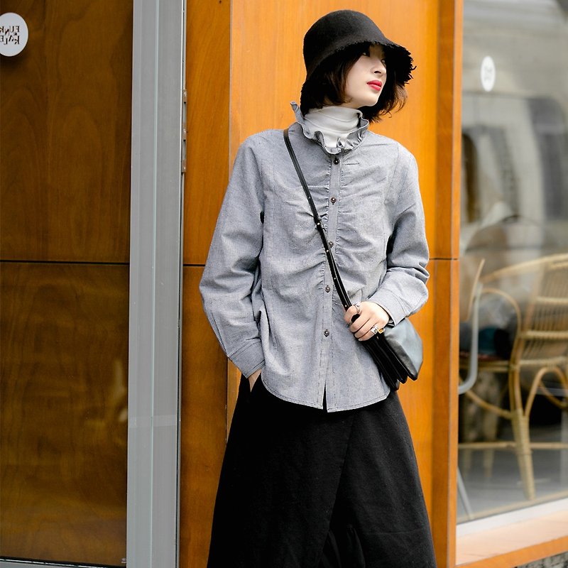 棉．麻 女襯衫 灰色 - 千鳥格花瓣立領襯衫|襯衫|冬款|棉麻混紡|Sora-399
