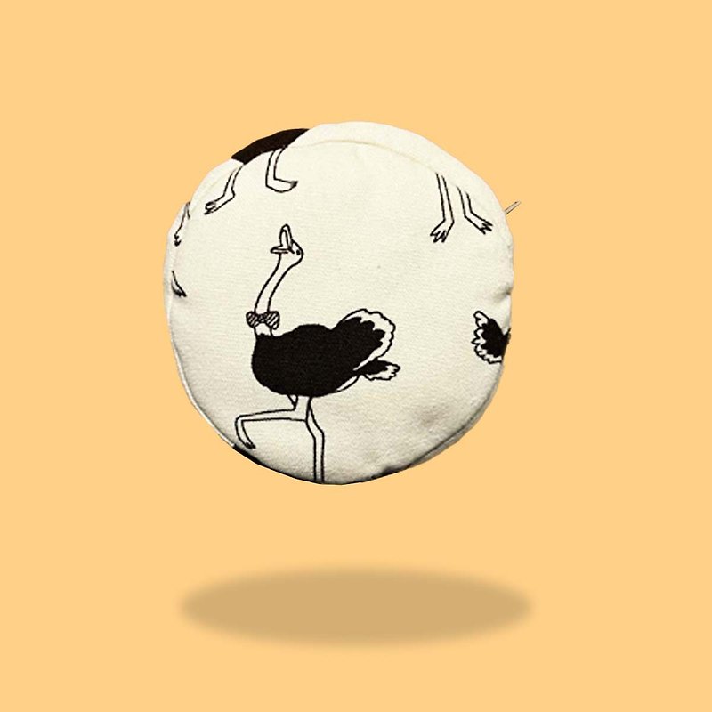 Round Ostrich Coin Purse - กระเป๋าใส่เหรียญ - ผ้าฝ้าย/ผ้าลินิน 